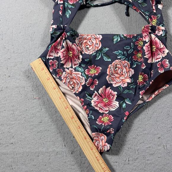 Shade and Shore One Piece Swimsuit Women 34D Navy Floral Cutout Lace Up Back - Picture 4 of 9